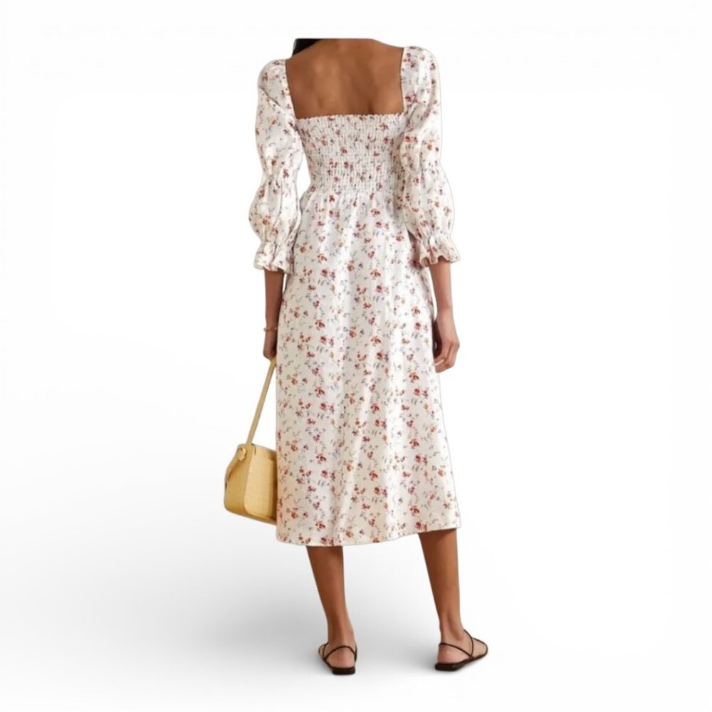 Reformation Hyland Linen Midi Dress Floral Smocked Puff Cottagecore Size M - Picture 2 of 12